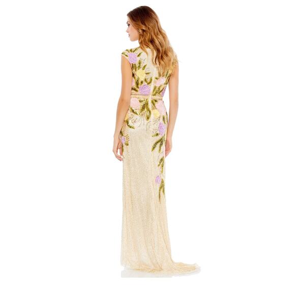 MAC DUGGAL 5420 Beaded Floral V-Neck Cap Sleeve Slit Gown Nude Multi 6 NEW - Picture 2 of 9